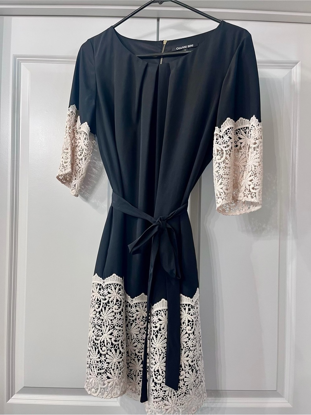 Gianni Bini Black Midi Dress with Ivory Lace Accents
